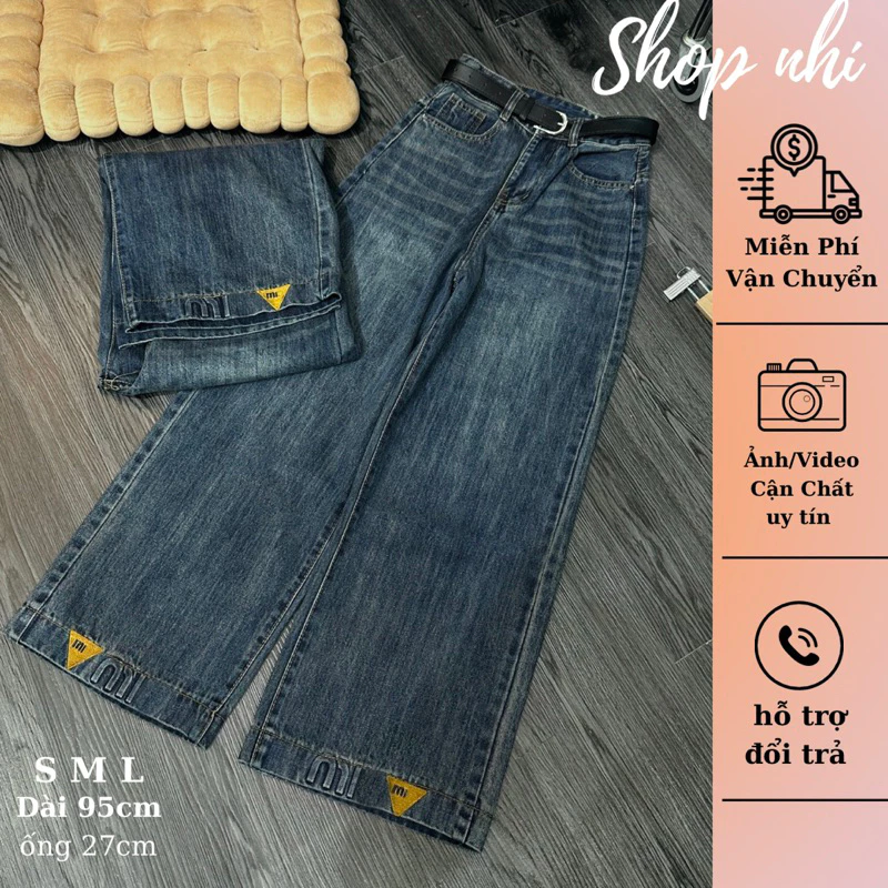 Quần jean nữ nấm lùn ống rộng lưng cao dập miu lai 95cm Size SML Shop Nhí ( Quần suông nấm ) 6748