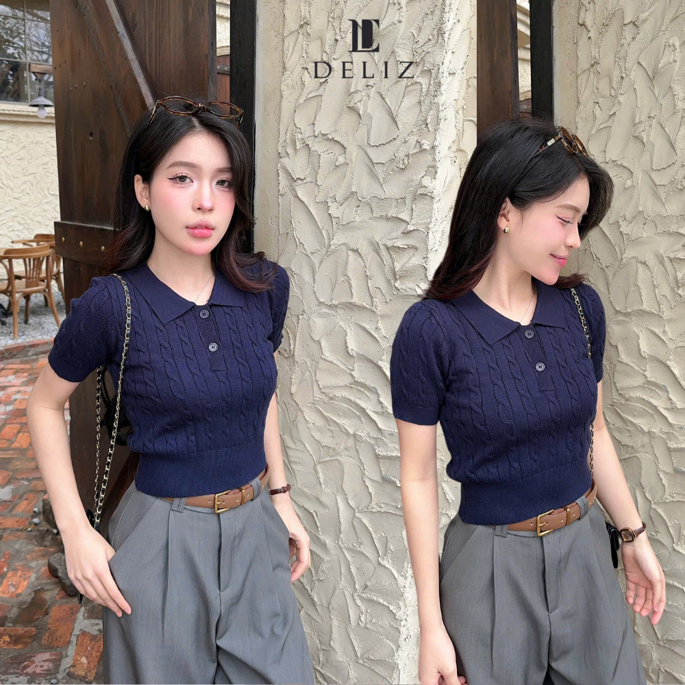 Áo len lông thỏ ngắn tay mùa hè vặn thừng cổ bẻ phối cúc polo form vừa thanh lịch basic DELIZ PL14