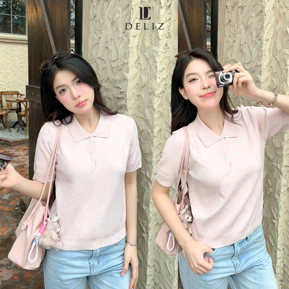 Áo len cộc tay mùa hè phối cổ bẻ cài khuy hình trơn len lông thỏ cao cấp PL03 hàng thiết kế BST mới DELIZ