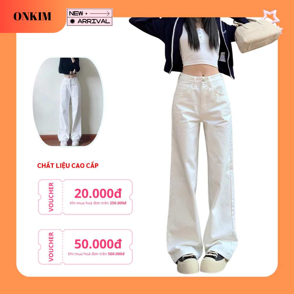 Quần jeans trắng ONKIM dáng suông lưng cao chất bò dày ống rộng