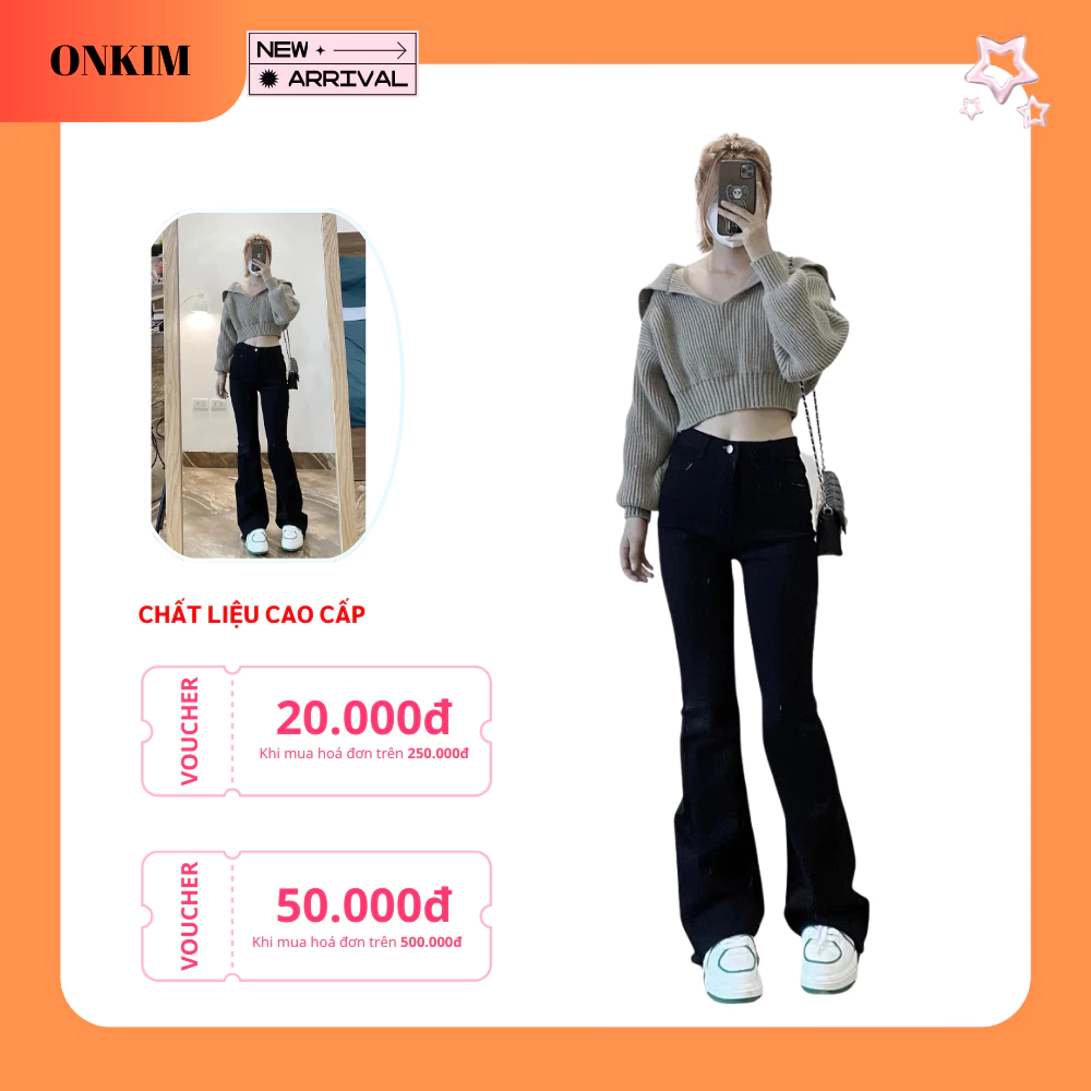Quần loe jeans dáng dài lưng cao ONKIM Chất liệu bò dãn 4 chiều hack chân dài