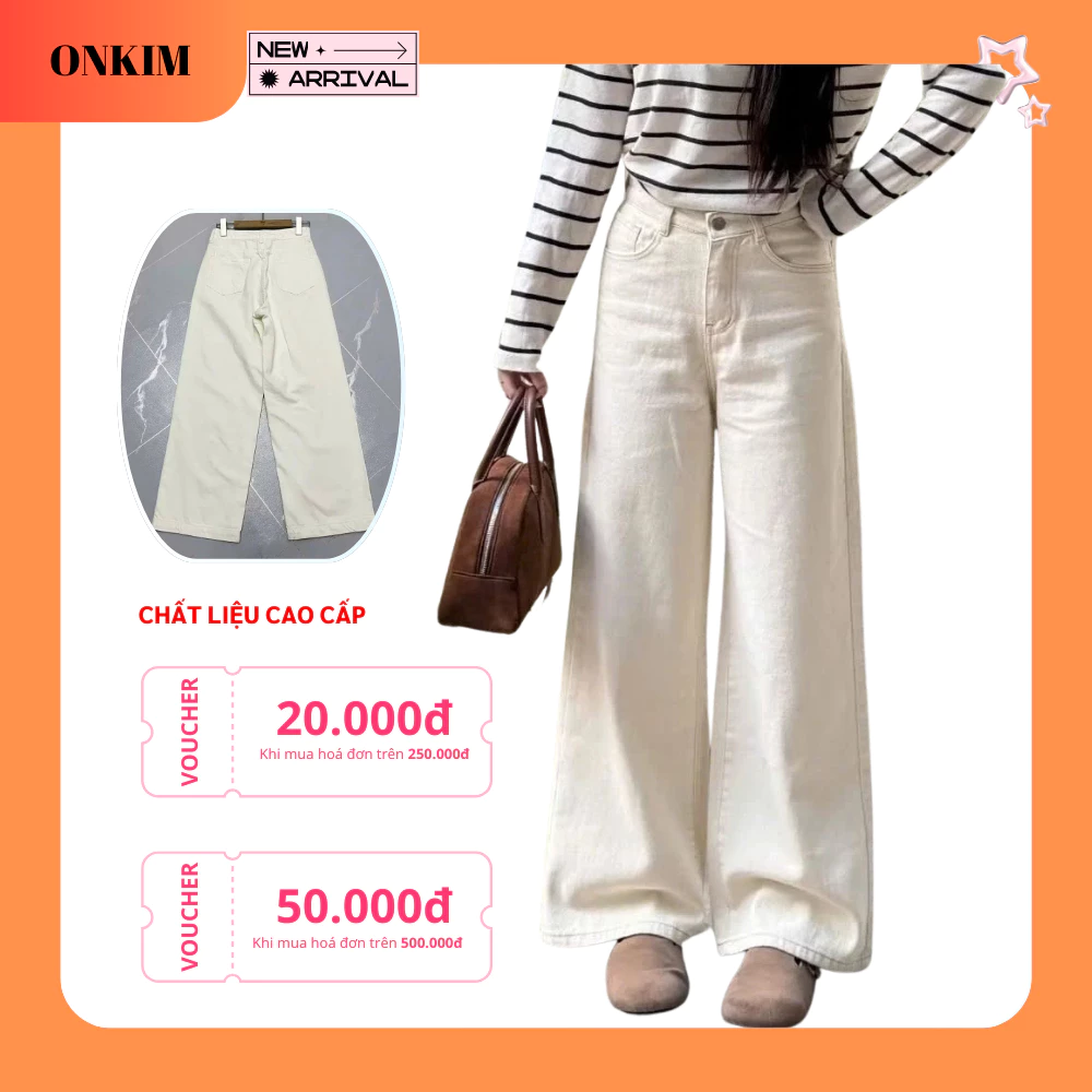 Quần bò suông be ONKIM chất jeans mềm màu vintage lưng cao tôn dáng phong cách Hàn Quốc
