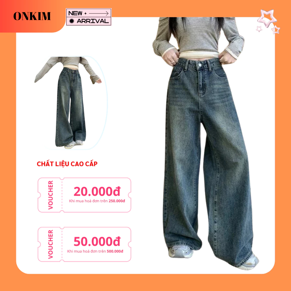 Quần jeans bò suông ONKIM ống rộng dáng dài mẫu trơn basic dễ mix đồ