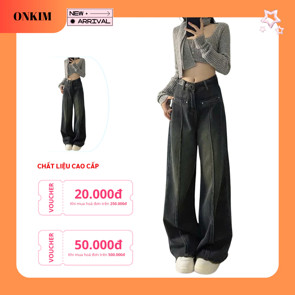 Quần jeans bò ống rộng suông ONKIM 2 túi cơi gân giữa màu mới gấu tua rua phong cách Hàn Quốc