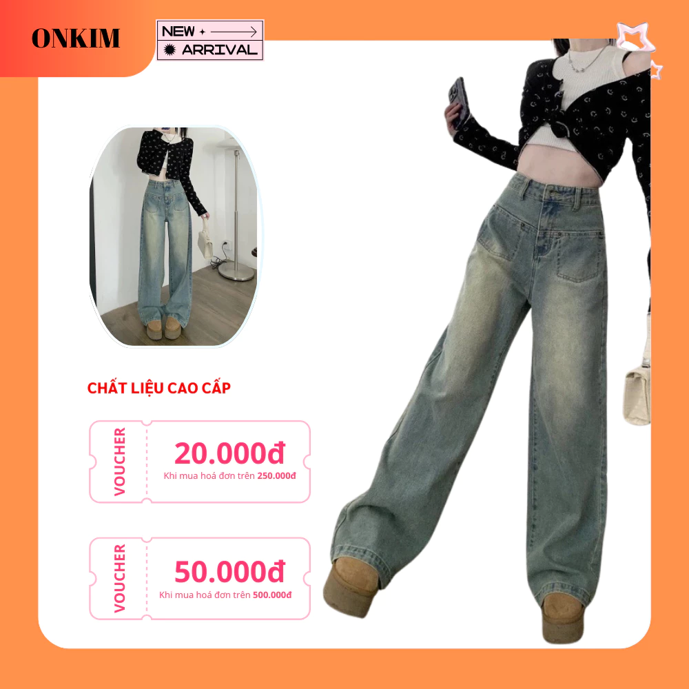 Quần jeans suông li chéo ONKIM lưng cao màu mới phong cách Hàn Quốc