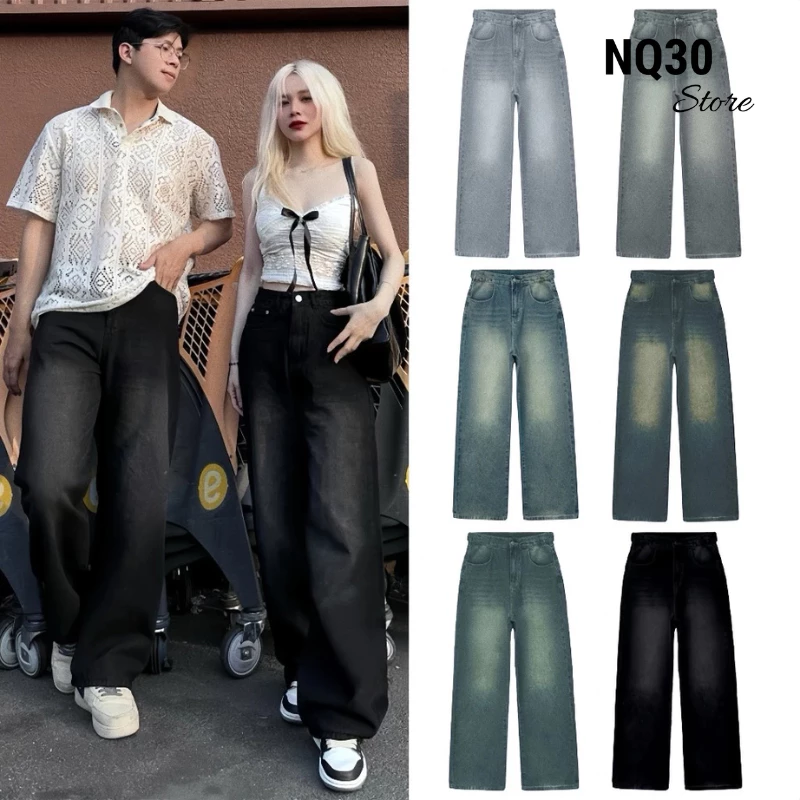 Quần Jeans Dài Wash NQ30 Ống Rộng Cạp Cao Tôn Dáng Nam Nữ Unisex