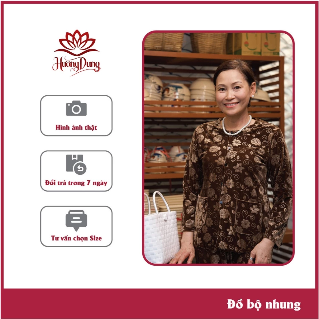 Đồ Bộ Cho Bà, Đồ Trung Niên Cho Mẹ Cho Bà, Vải Nhung Họa Tiết Hình Hoa Tinh Tế - Hương Dung Store