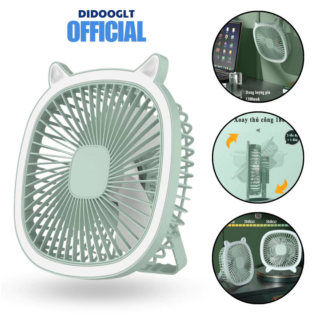 Quạt Mini Tích Điện Tai Mèo Để Bàn Treo Tường DIDOOGLT Có Đèn LED 3 Cấp Độ Gió Kèm Sạc USB