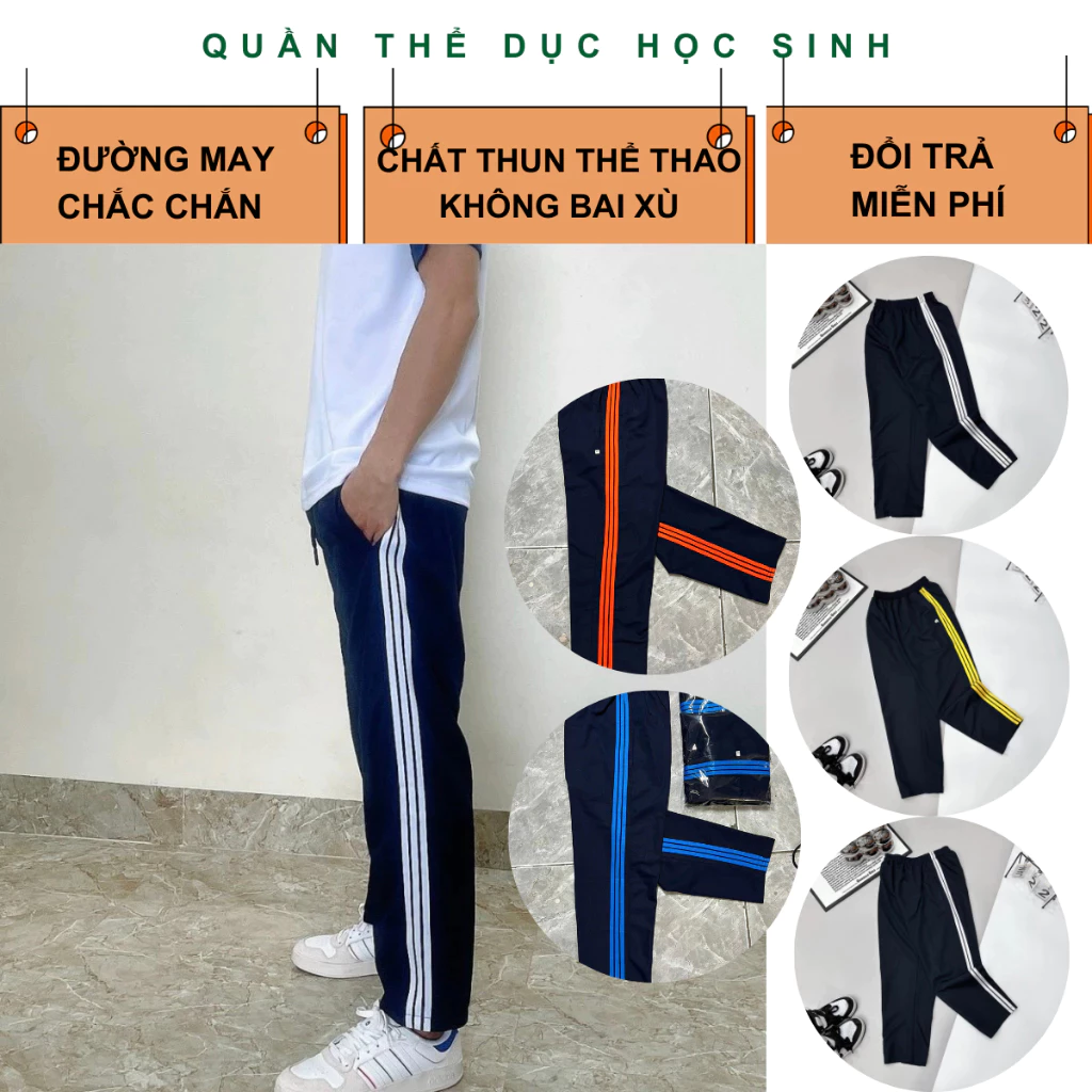 Quần Thể Dục Học Sinh Quần Thể Chất Sinh Viên Nam Nữ 3 Sọc Viền Trắng, Vàng Chất Thun Chéo Màu Tím Than Chuẩn Nhà Trường