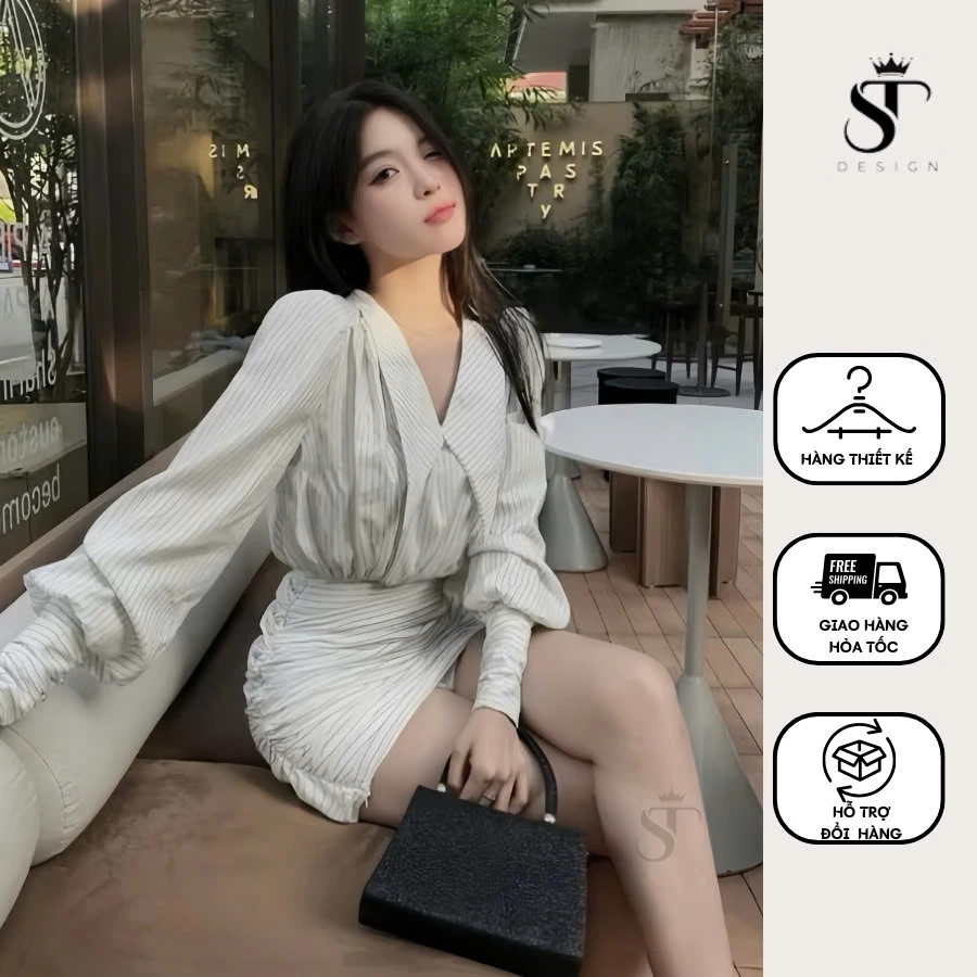 Set váy sơ mi dài tay  cổ sen chân váy xếp ly nhún eo di tiệc - Hàng thiết kế - ST DESIGN