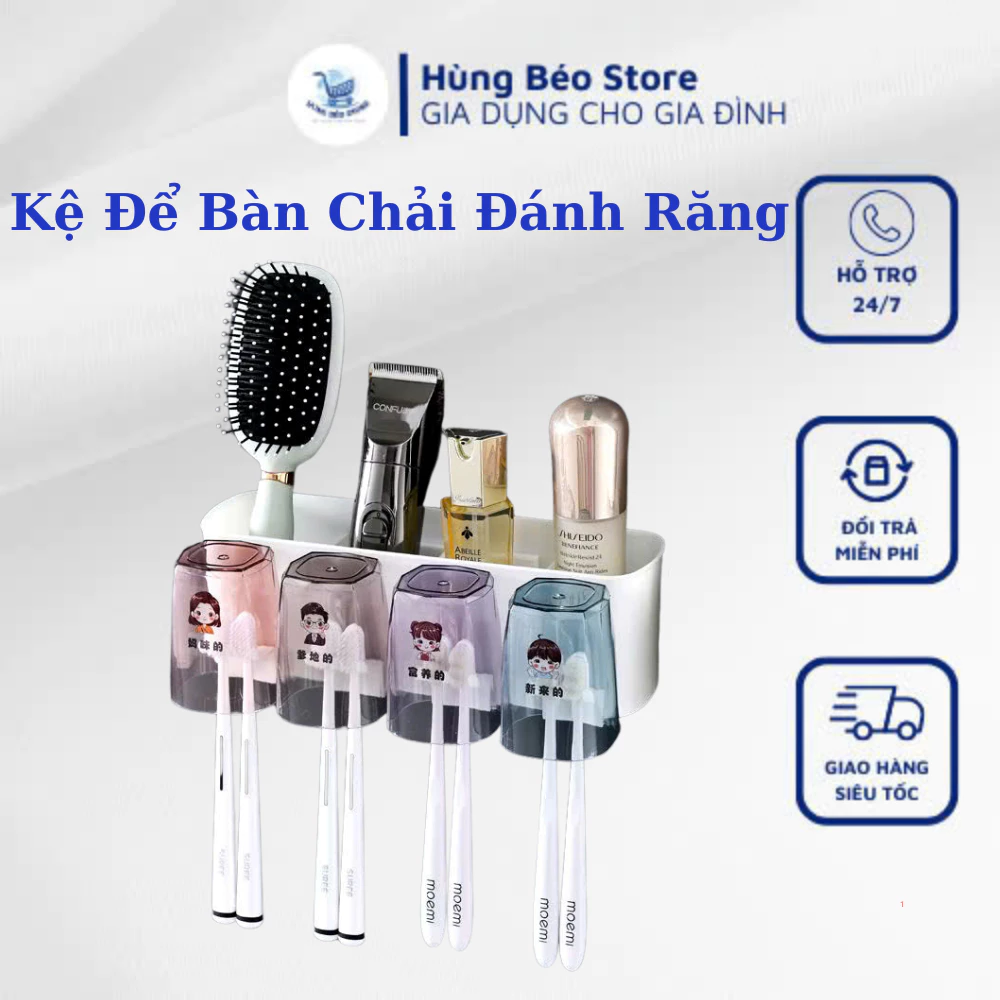 Giá Để Bàn Chải Đánh Răng Dính Tường Không Khoan Đục Kèm 4 Cốc- Nhà Tắm