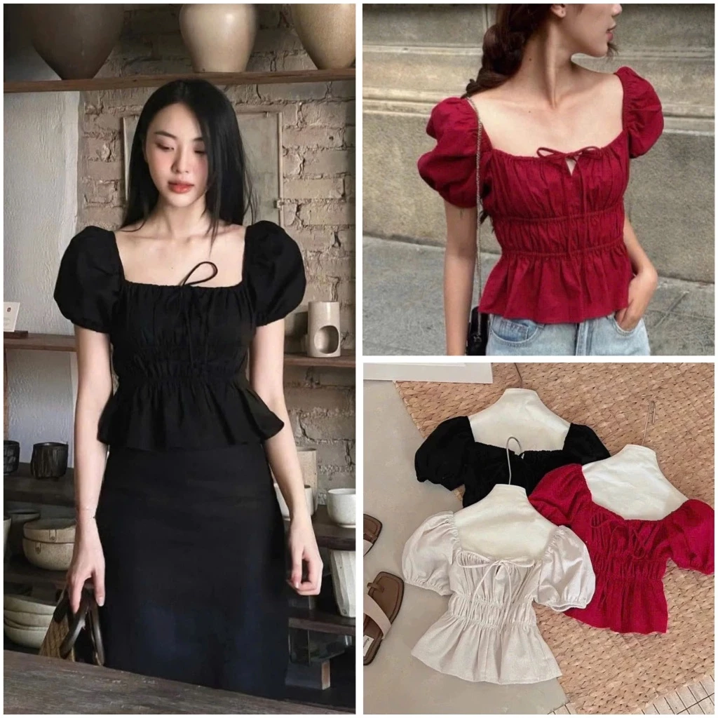 Áo Babydoll Linen Cổ Vuông Tay Bồng Nơ Ngực Xinh Xắn