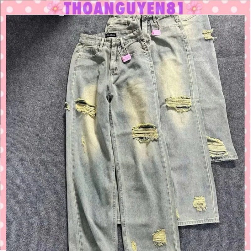 Quần jeans ống rộng hack dáng thiết kế rách thời trang