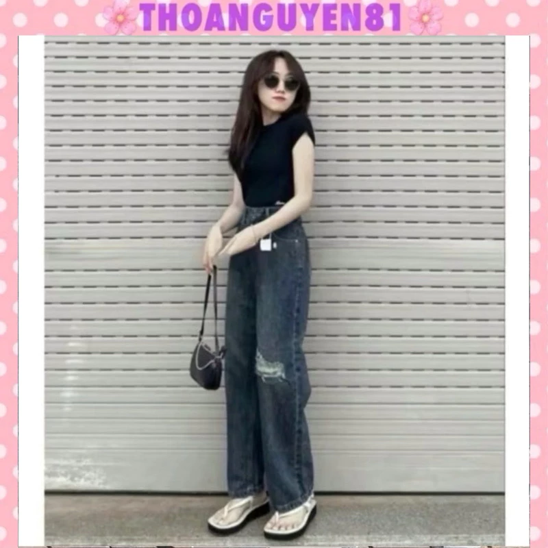 Quần suông ống rộng cạp cao thiết kế rách 1 gối thời trang cho nữ