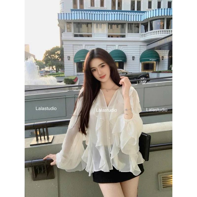 FAMOUS•LALASTUDIO• Áo tơ bèo tua rua tay bo chun tiểu thư, áo tơ cao cấp tiểu thư sang chảnh ( hàng qccc)