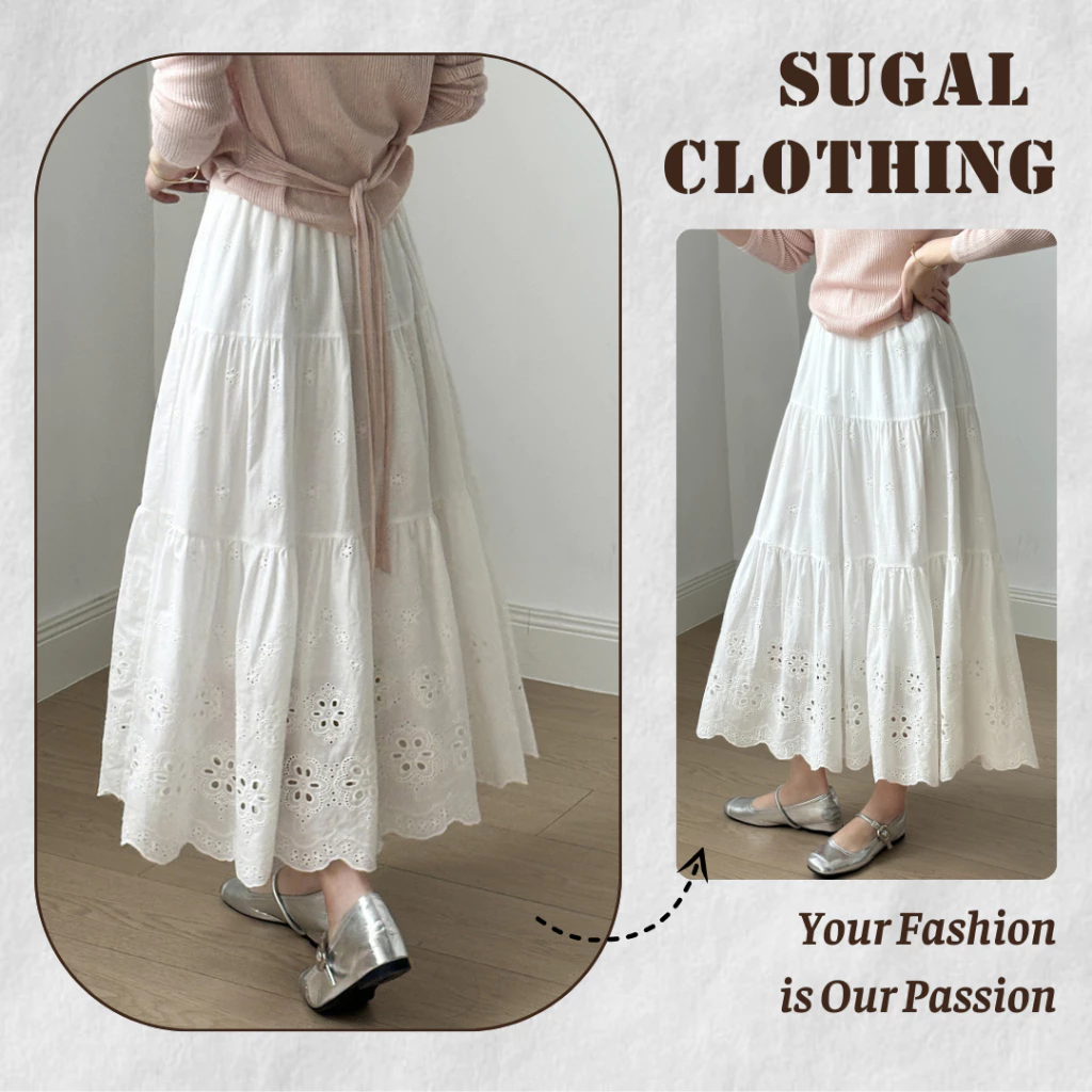 SUGAL - [HÀNG LOẠI 1] Chân Váy Midi Dáng Dài Hai Lớp Cạp Chun Chất Vải Thô Boi Thêu Hoa | CV NU 075