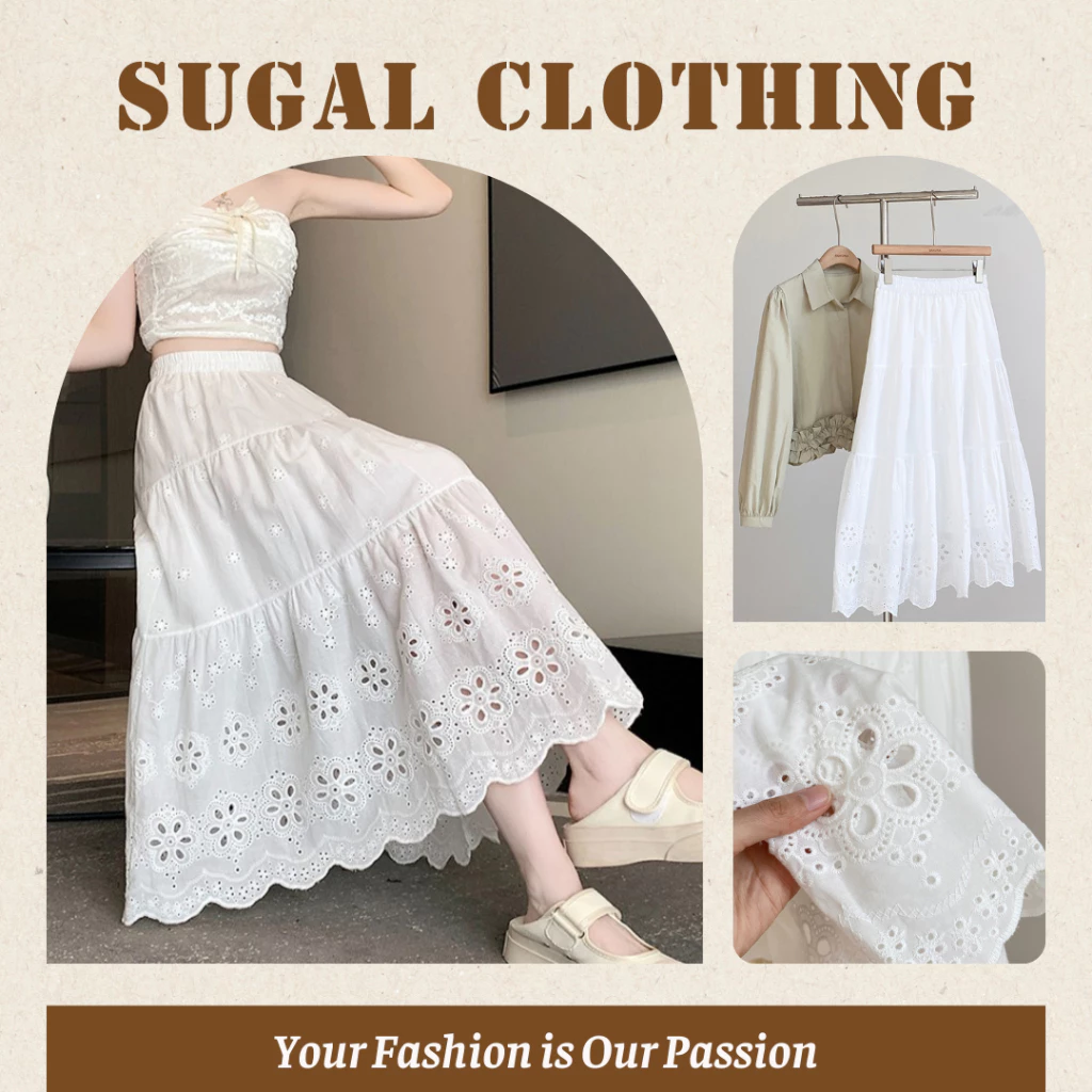 [THÊU HOA] SUGAL Chân Váy Midi Dài 2 Lớp Xoè Nhẹ Cạp Chun Co Giãn Vải Thô Mềm Mại Tôn Dáng Công Sở 4 Mùa| CV NU 075V2