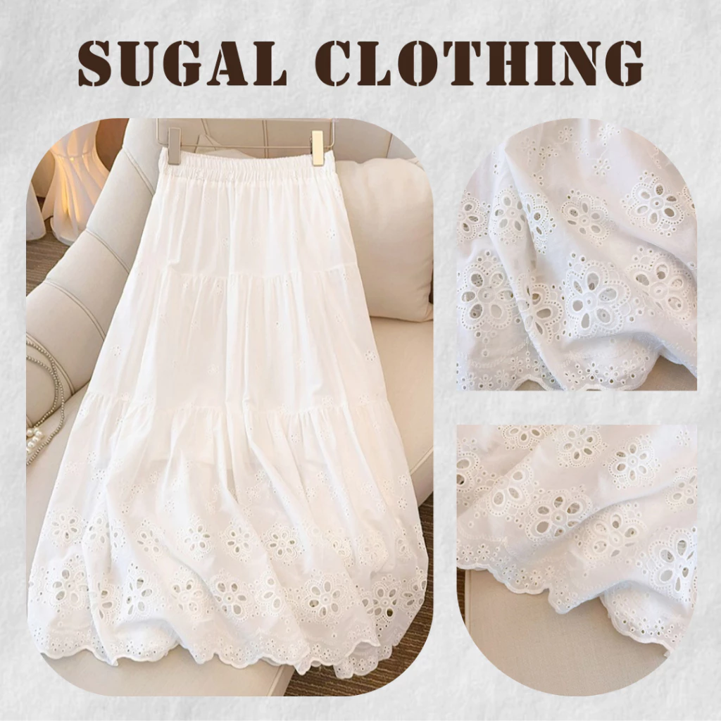 SUGAL - [HÀNG LOẠI 1] Chân Váy Midi Dáng Dài Hai Lớp Cạp Chun Chất Vải Thô Boi Thêu Hoa | CV NU 075V3