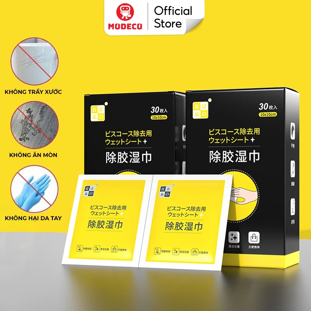 Hộp 30 Miếng Khăn Lau Tẩy Keo Đa Năng Modeco - Tẩy Bay Vết Keo Cứng Đầu, Vết Dầu Mỡ, Làm Sạch Cực Mạnh Không Gây Hại