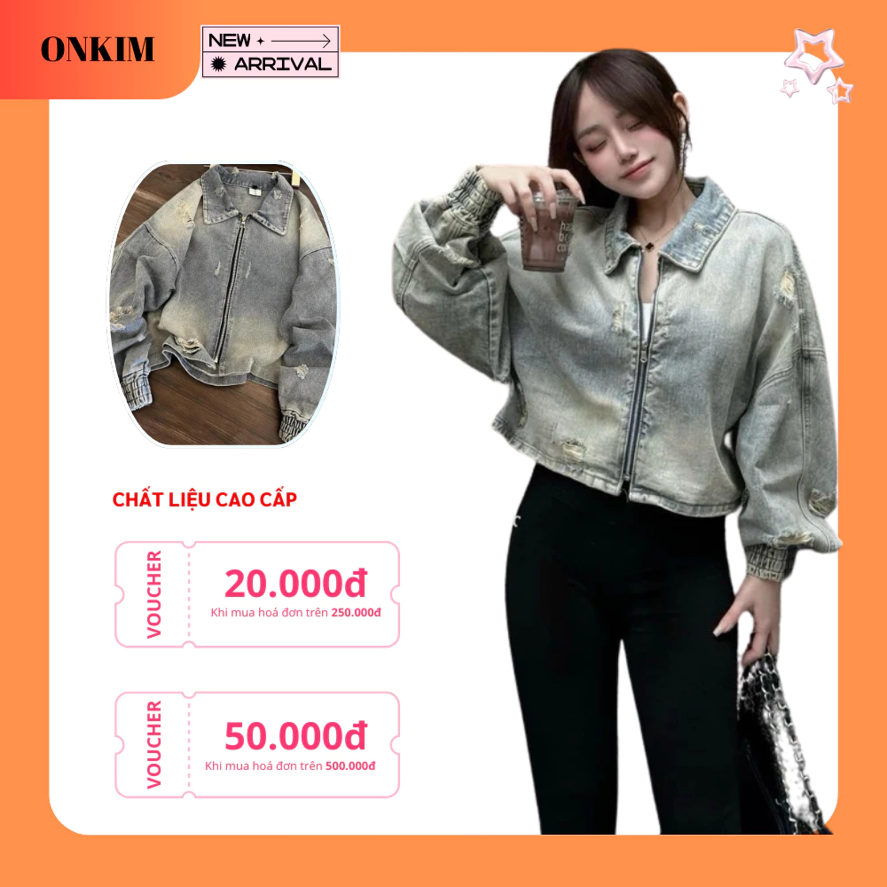 Áo khoác bò nữ ONKIM rách loang màu tay bo chun khoá kéo phong cách Hàn Quốc