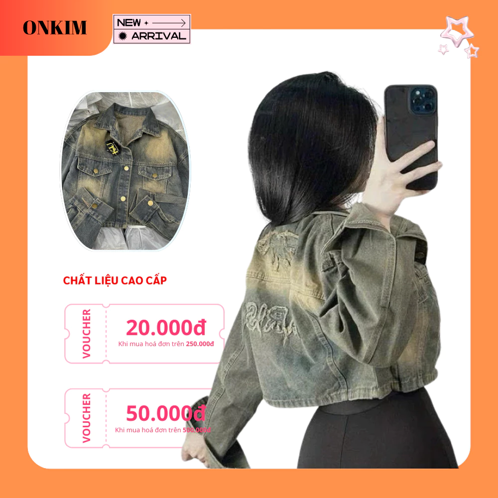 Áo khoác jeans ONKIM dáng croptop thêu nổi chữ sau lưng màu bụi hàng chuẩn loại 1