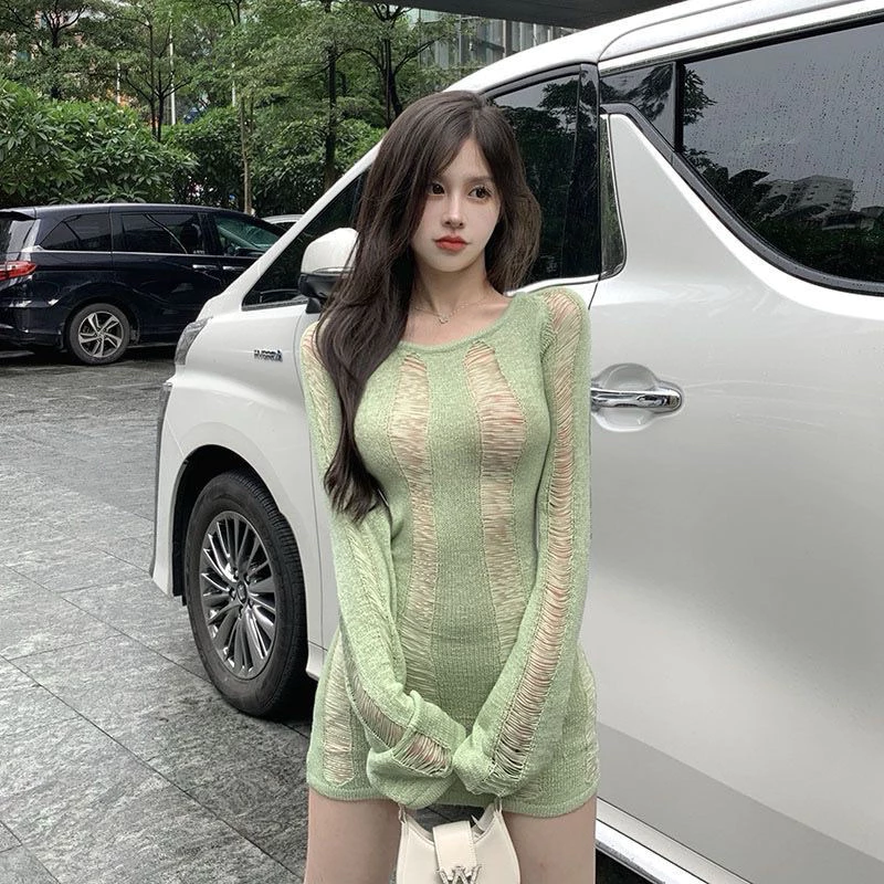 Váy dệt kim đi biển dài tay hở lưng quyến rũ kiểu dáng ullizang thời trang xứ An Nam