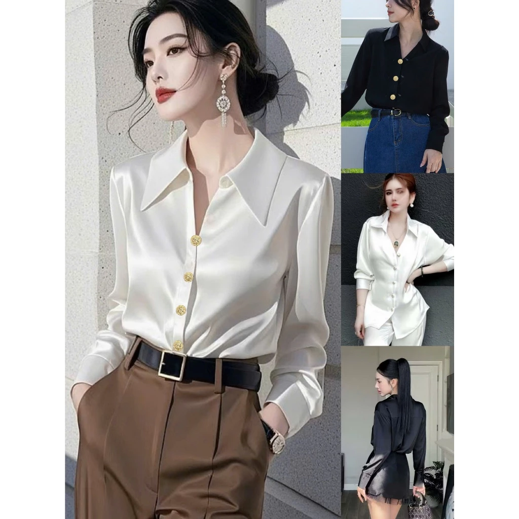 Áo Sơ Mi Lụa Elegant Pearl Thiết Kế Cổ V Mix Khuy Vàng Đồng Phom Giấu Quần Sang Chảnh Dolldiva  AL3