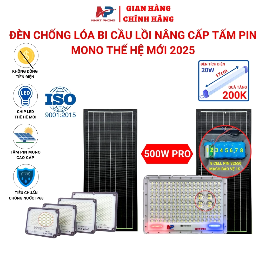 Đèn năng lượng mặt trời chống lóa NHẬT PHONG SOLAR công suất 200W 300W 500W MẪU MỚI 2025,Khung Nhôm bảo hành 2 năm