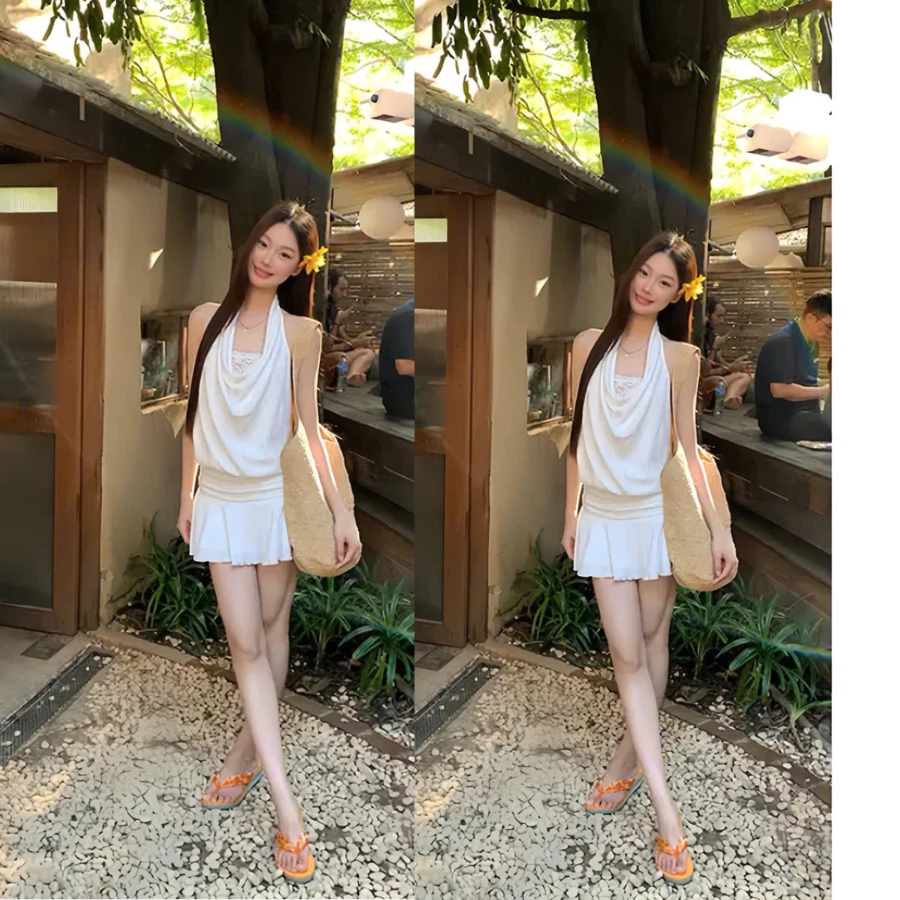 Đầm Cổ Yếm Đi Du Lịch, Đầm Váy Trắng Thiết Kế Cổ Yếm Cách Điệu( Có Kèm Quần) Cho Nàng Mặc Đi Biển, Đi Tiệc Đều Sang