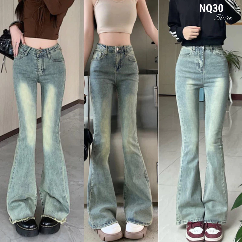 Quần Ống Loe Jean nữ Lưng cao vải rin bò màu bụi xanh nhạt phủ dơ dáng đứng suông bigsize cạp cao NQ30 co giãn 4 chiều
