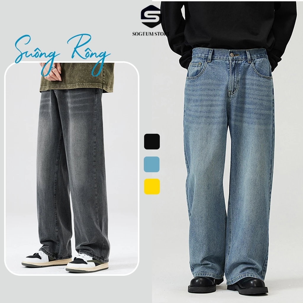Quần Jean bò baggy nam Xanh RETRO ống rộng xuông cạp cao Quần bò nam dáng suông Sogeum