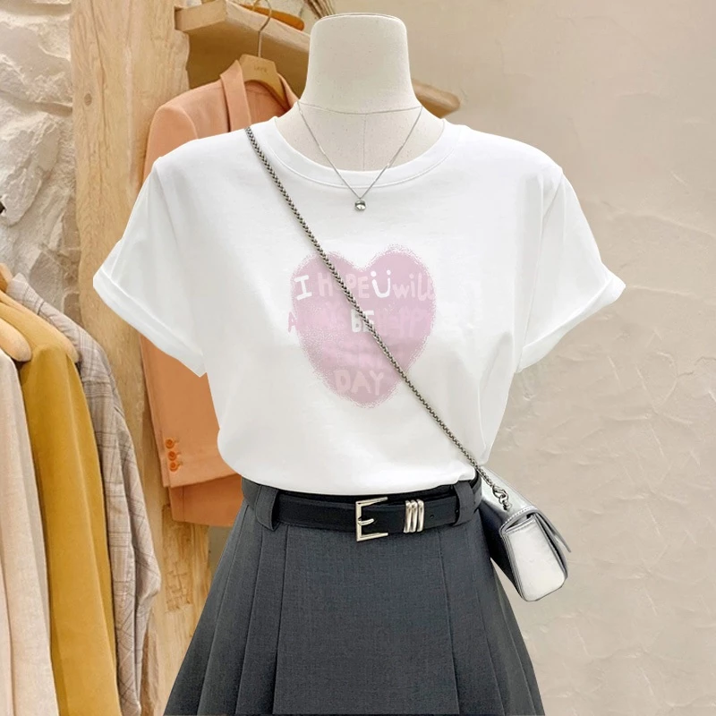 Áo Cotton Nữ – Vải Mềm Mịn – Thoáng Mát – Basic Dễ Phối, In Hình TIM HỒNG