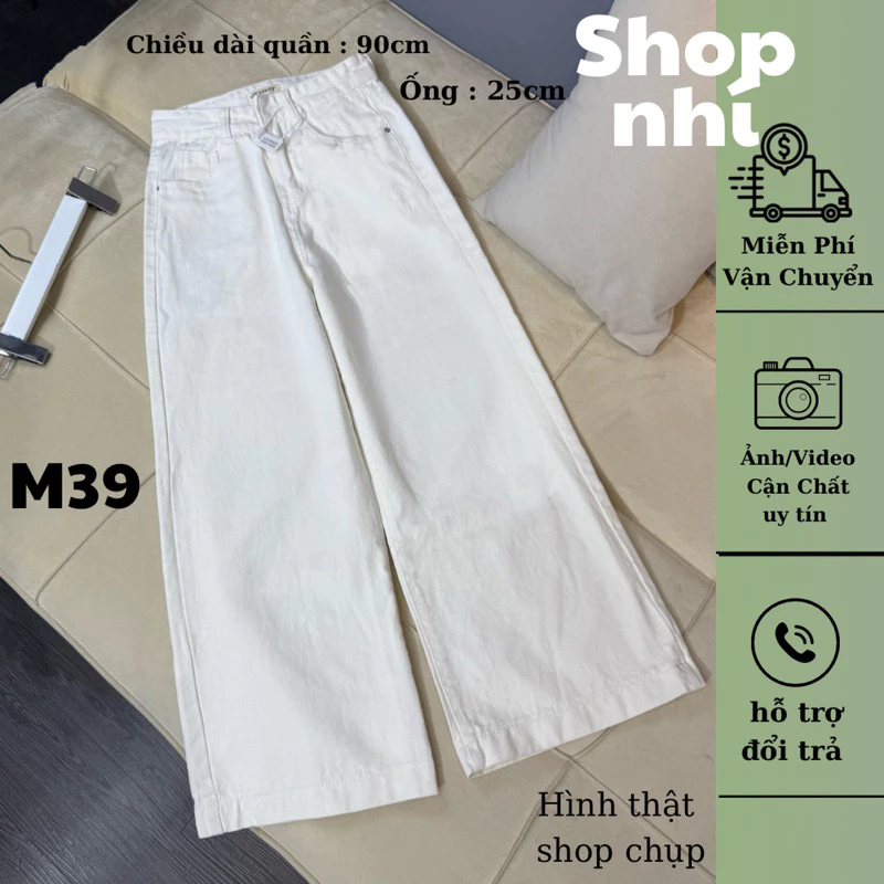Quần jean trắng suông nấm thêu túi 90cm ( 7099 - Quần suông kaki )