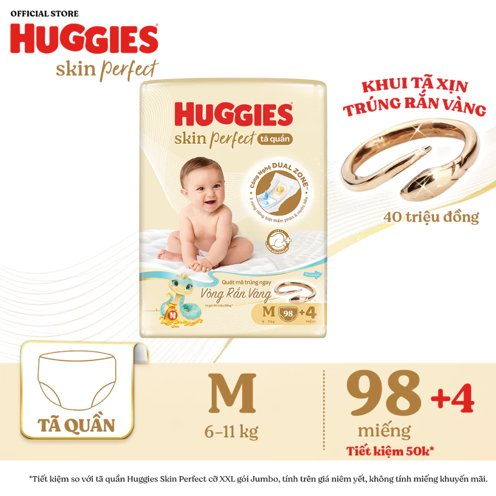 Combo 4 Tã quần Huggies Skin Perfect Mega Jumbo M98/ L88/ XL72/ XXL64  2 vùng thấm giảm kích ứng da