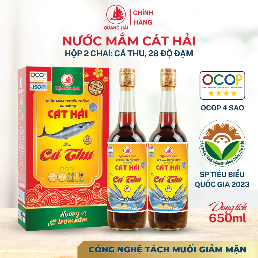 Nước Mắm Cá Thu Cát Hải Quang Hải 28 Độ Đạm Tách Muối OCOP 4 Sao - Nước Mắm Truyền Thống Chai 650ml, Hộp 2, Hộp 4