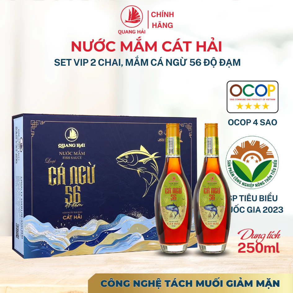 Set Quà VIP Nước Mắm Cá Ngừ Cát Hải Quang Hải 56 Độ Đạm OCOP 4 Sao - Quà Biếu Cao Cấp, Hộp 2 Chai Thủy Tinh 250ml