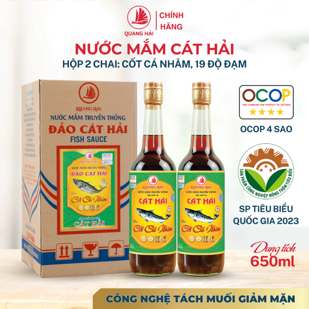 Nước Mắm Cốt Cá Nhâm Cát Hải Quang Hải 19 Độ Đạm OCOP 4 Sao - Nước Mắm Truyền Thống Vị Dịu Nhẹ, Chai 650ml, Hộp 2, Hộp 4