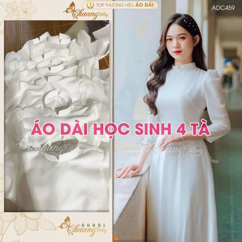 Áo dài trắng học sinh cấp 3 đi học may sẵn ADC459 áo lụa 4 tà cách tân tay vai bồng lỡ lễ tết đẹp