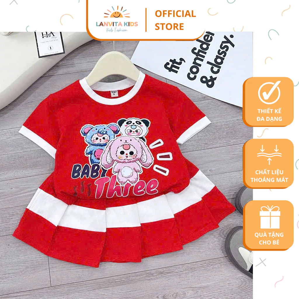 Váy xếp ly Bé Gái Dễ Thương, Họa Tiết Gấu Baby Three, Chân Váy Xòe Kẻ Trắng có lót trong
