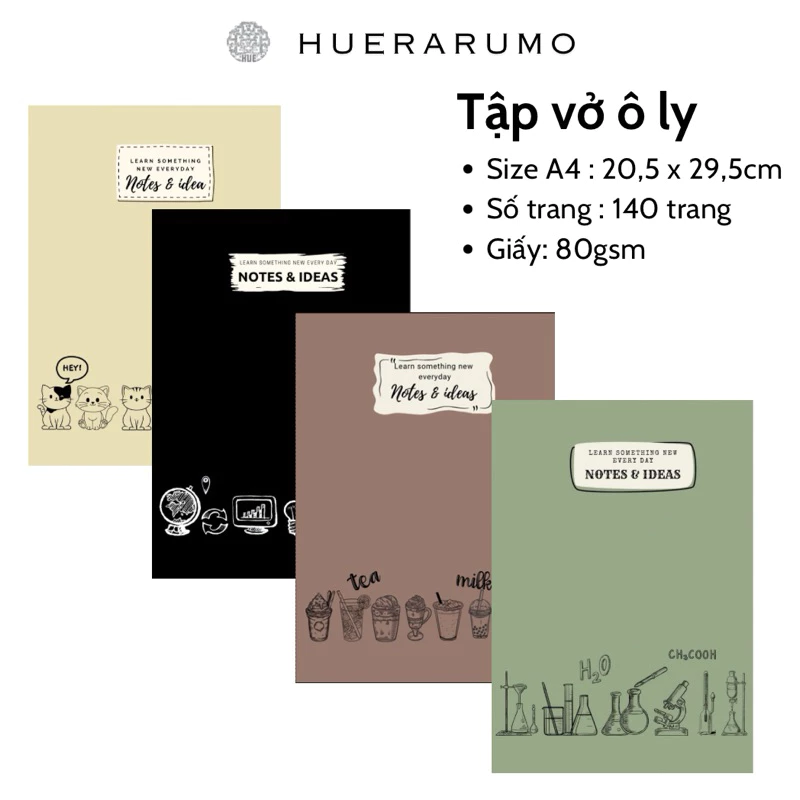 Vở ô ly A4 140 trang HUERARUMO, gáy khâu chỉ bước dài dấu ngoài, giấy cao cấp định lượng 80gsm, in offset