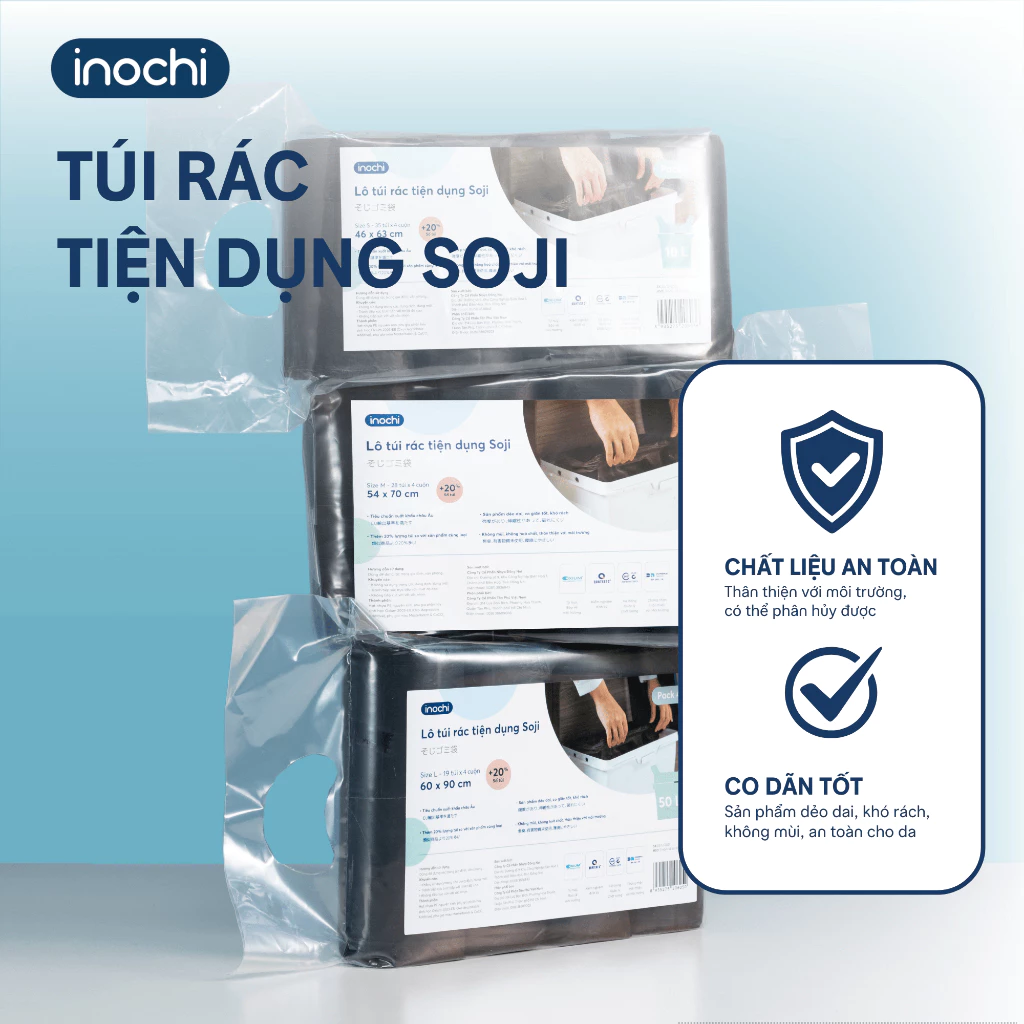 Túi rác tự huỷ sinh học Inochi có quai tiện dụng dạng cuộn nhiều màu, mùi hương dài và dai hơn 20%
