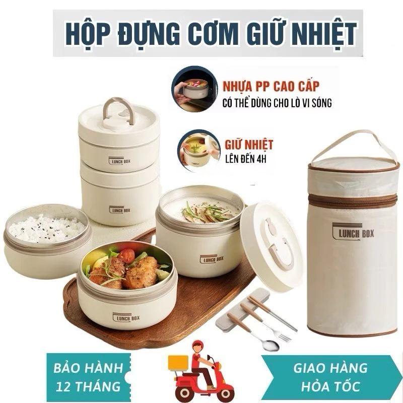 Hộp cơm giữ nhiệt Lunch Box ,Hộp đựng cơm văn phòng Tặng Túi+ thìa đũa, giữ nhiệt dùng được trong lò vi sóng
