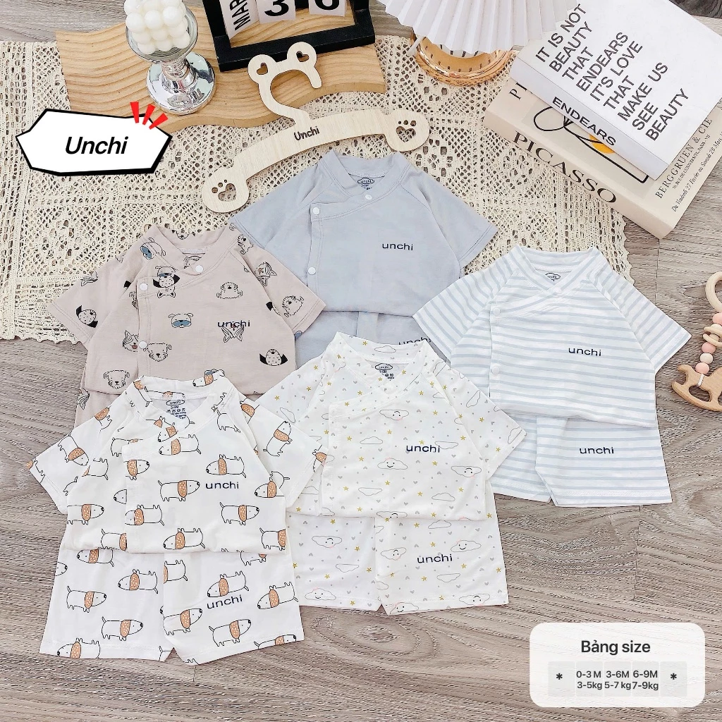 BC15. Bộ sơ sinh cộc tay Unchi vạt áo 2 lớp, vải petit mềm mát, họa tiết mây trắng cho bé từ 3-9kg