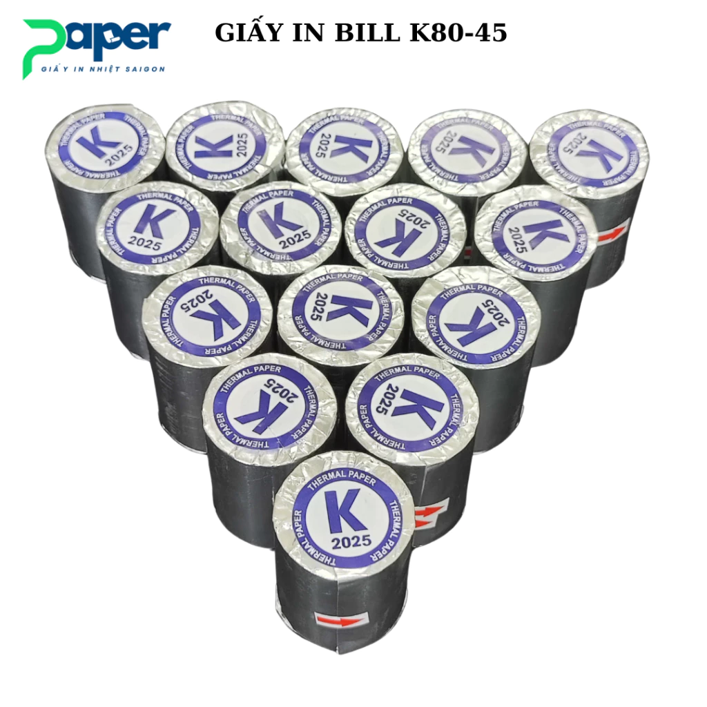 Giấy in bill k80x45 (k80 phi 45) giấy mịn không bụi, bọc bạc