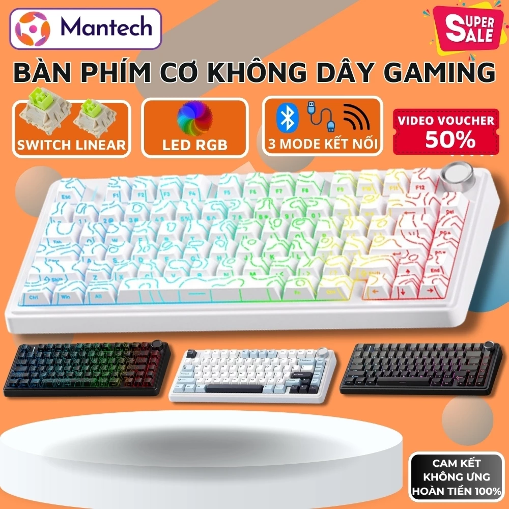 Bàn phím cơ không dây Mantech F75 - Hỗ trợ hotswap - LED RGB nhiều chế độ - 3 mode kết nối tiện lợi