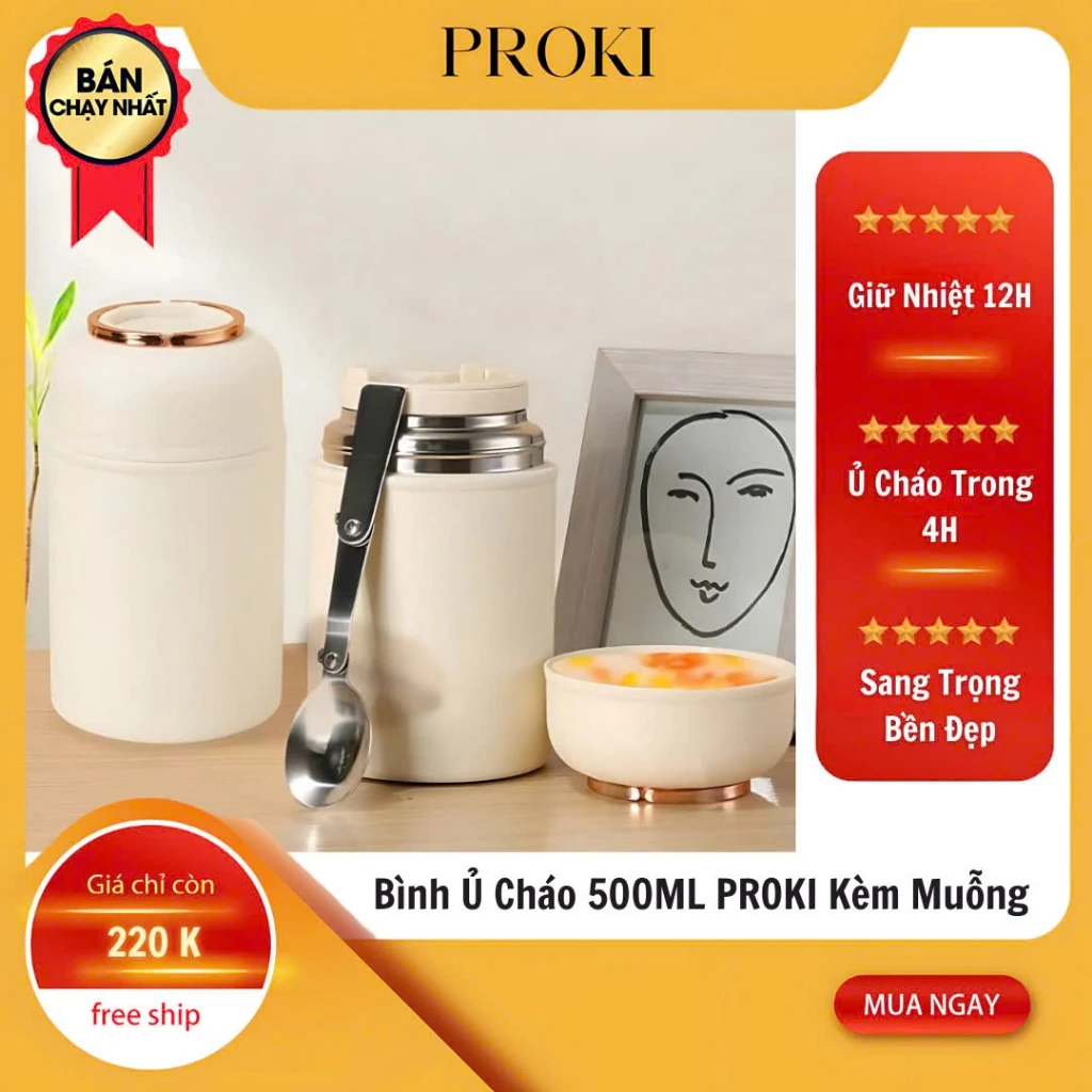 Bình Ủ Cháo Proki 500ml Giữ Nhiệt Lâu, Ủ Cháo Nhanh Chóng, Kèm Muỗng, Tiện Dụng Đi Làm & Du Lịch!