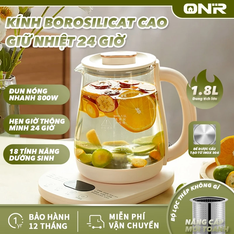 Ấm Đun Nước Điện 1.8L, Ấm Điện thủy tinh Đa Năng 800W, Giữ Nhiệt 24 Giờ, BH 12 Tháng