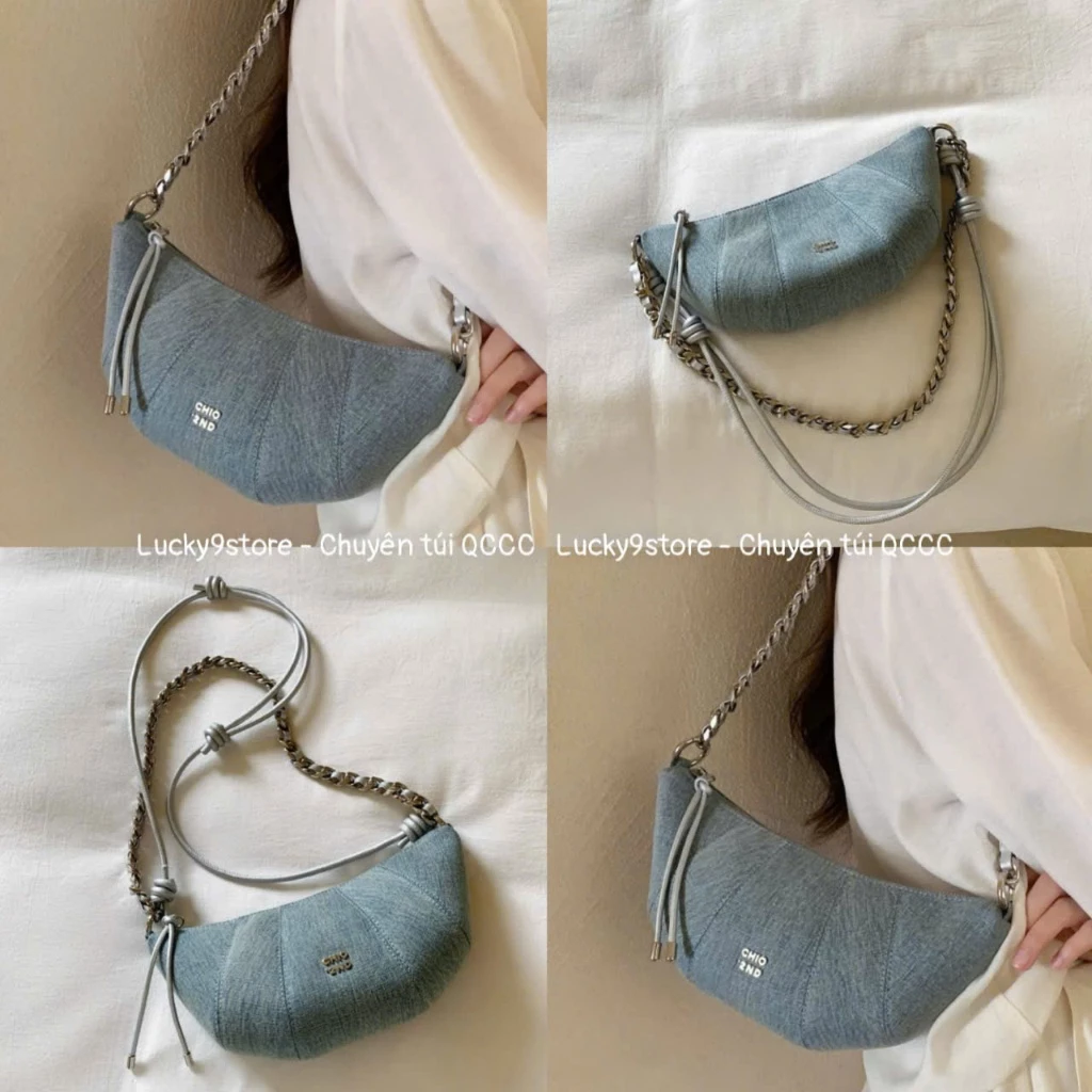 Túi nữ Túi Chio 2nd đeo vai size 21 dáng vỏ sò denim có dây xích đeo chéo đeo vai hàng Quảng Châu 022#