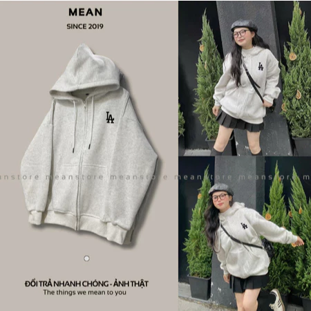 Áo Khoác Hoodie zip Nỉ LA Có Mũ Unisex Form Rộng – Áo Khoác Nỉ Zip Up Màu Xám Đen Local Brand Phong Cách Ulzzang