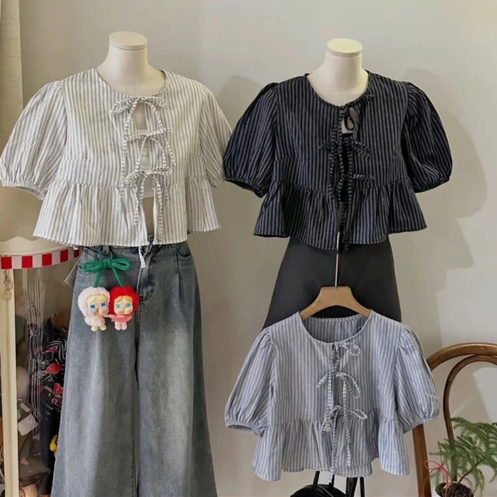 (Tặng kèm áo quây) Áo Babydoll Kẻ Buộc Nơ Jennie Dễ Thương Bun222